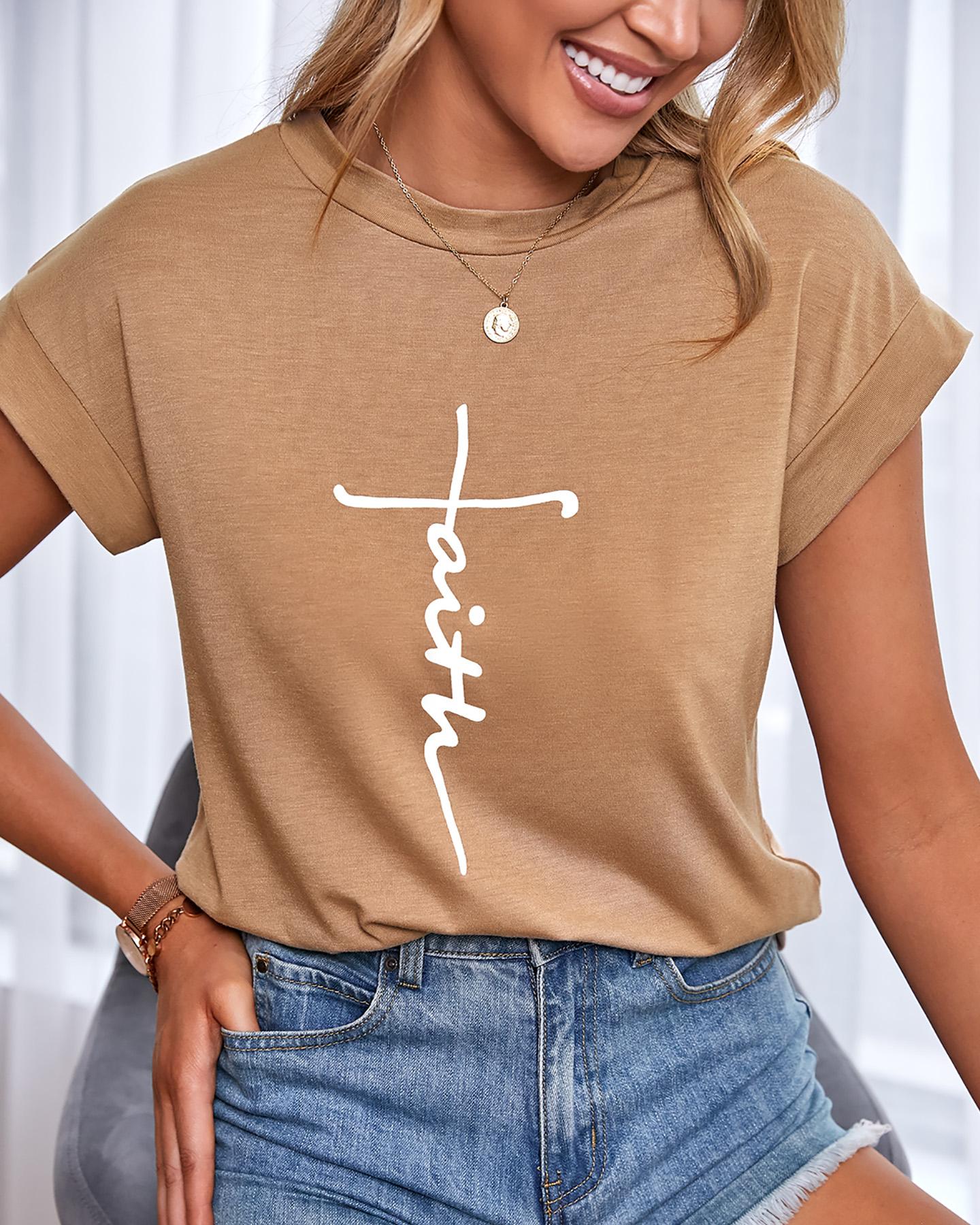 

Letter Print Short Sleeve Casual T-shirt, Khaki