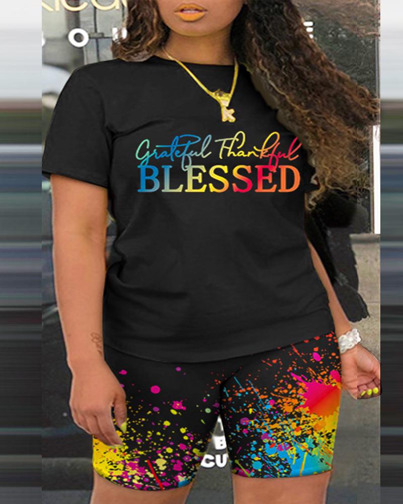 

Plus Size Grateful Thankful Blessed Ink Splash Print Top & Shorts Set, Black