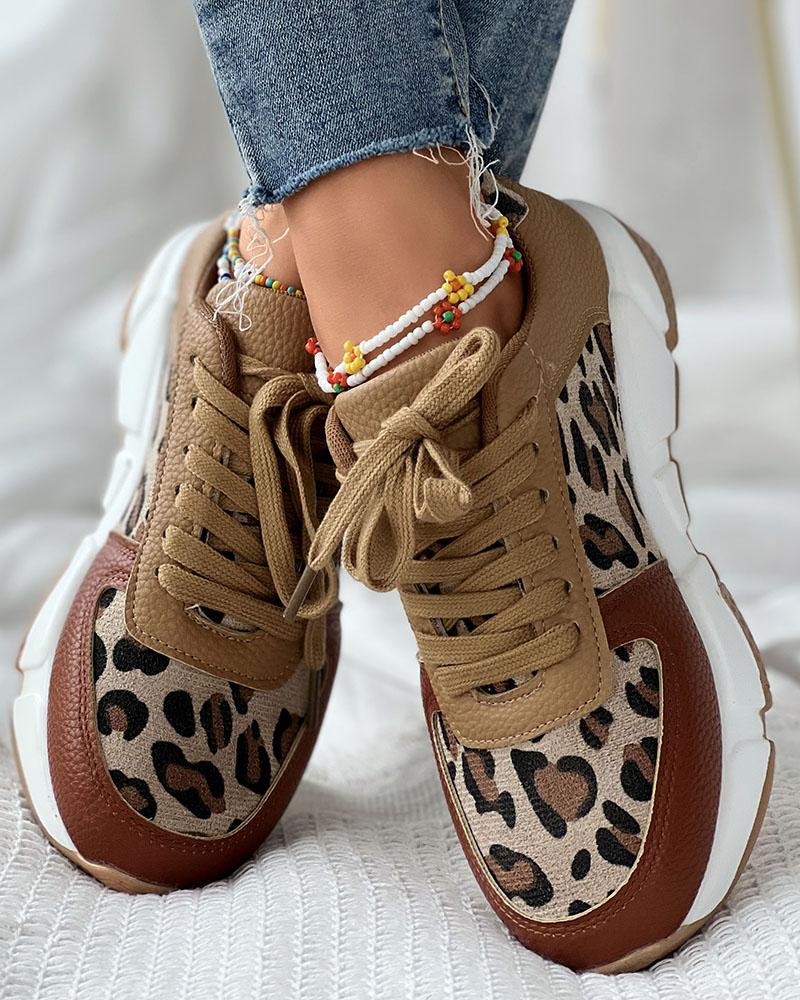 

Cheetah Print Lace-up Canvas Shoes, Brown