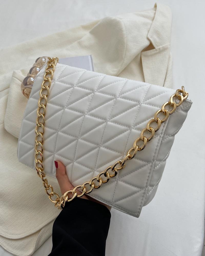 

Flap Zipper Design Quilted Chain Strap Shoulder Bag, White