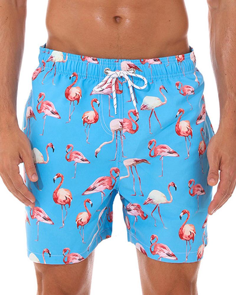 

Vacation Style Flamingo Print Drawstring Short Pants, Blue