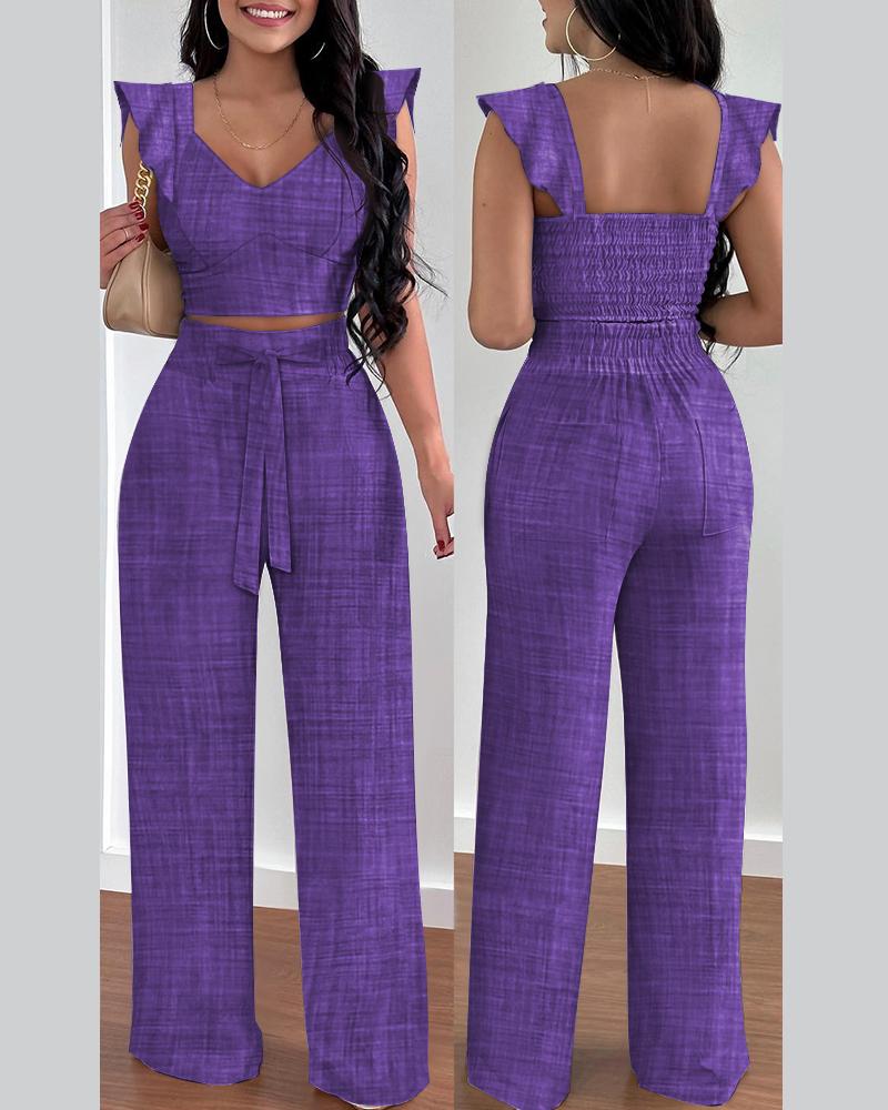 

Ruffle Hem Shirred Crop Top & High Waist Pants Set, Purple