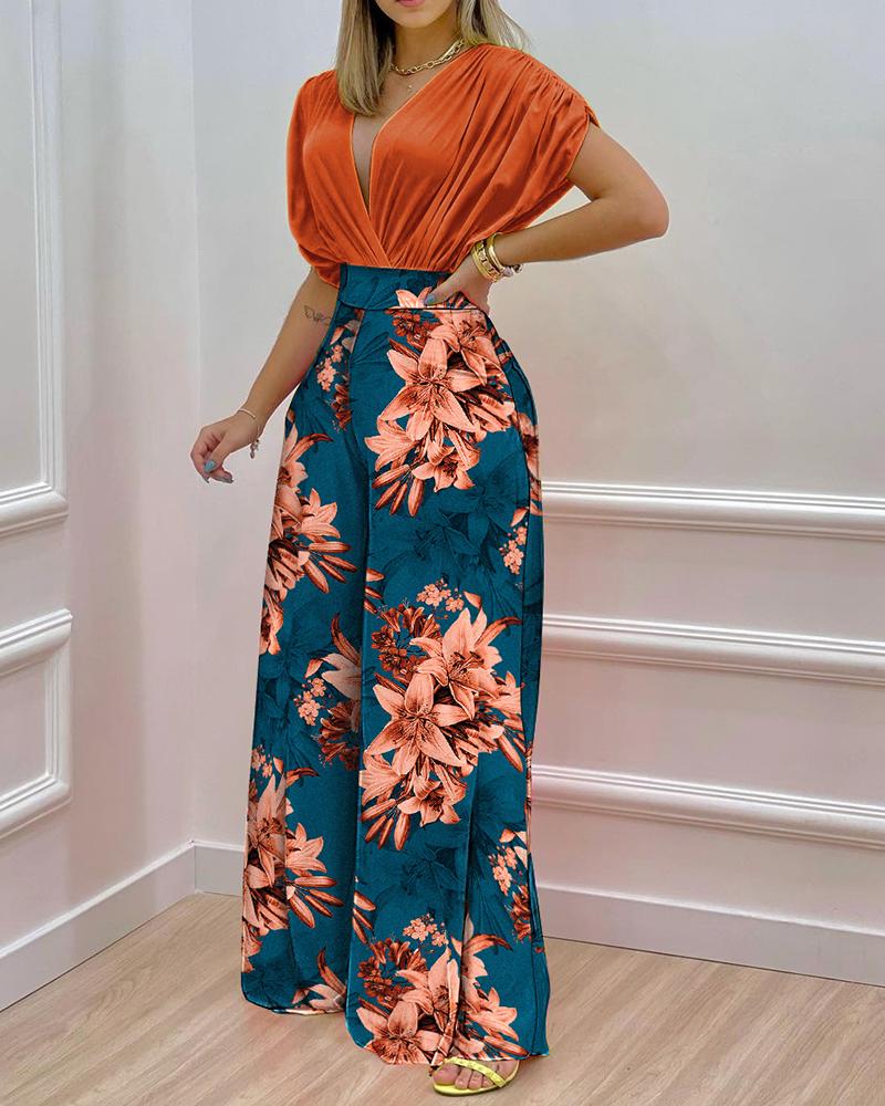

Batwing Sleeve Wrap Top & Floral Print Wide Leg Pants Set, Brown