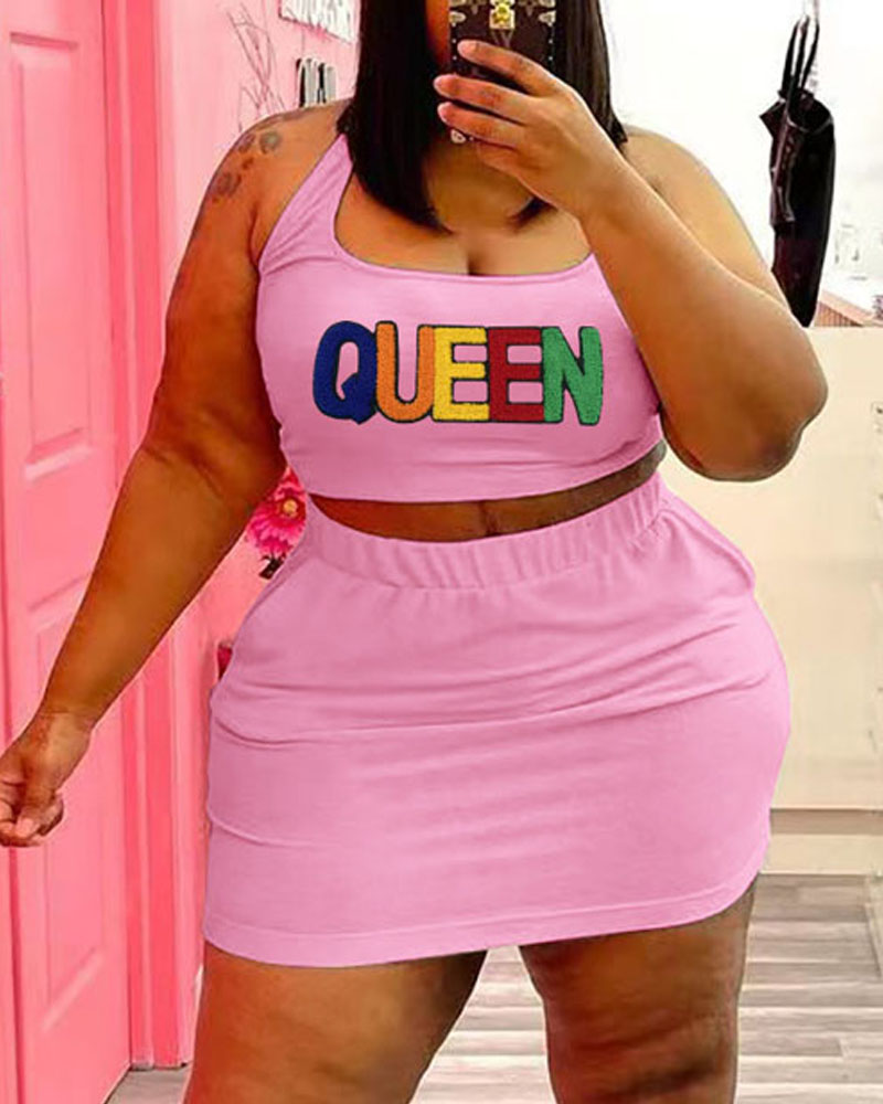 

Plus Size Embroidery Letter Crop Tank Top & Skirt Set, Pink