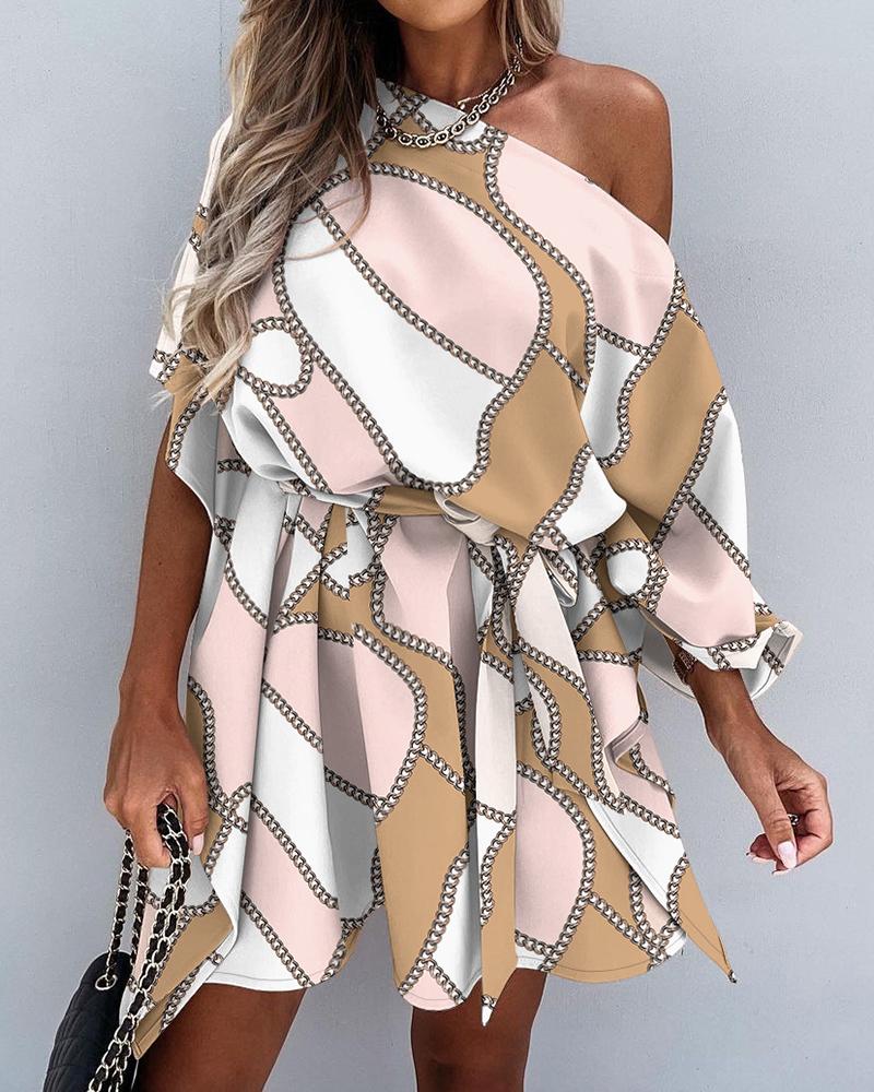 

Scarf Print Half Sleeve Casual Dress, Pink