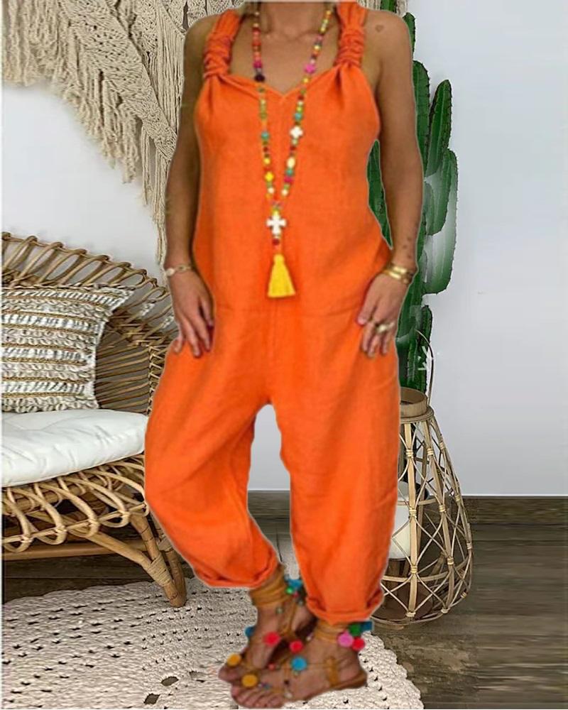 

Plain Backless Casual Suspender Jumpsuit, Orange