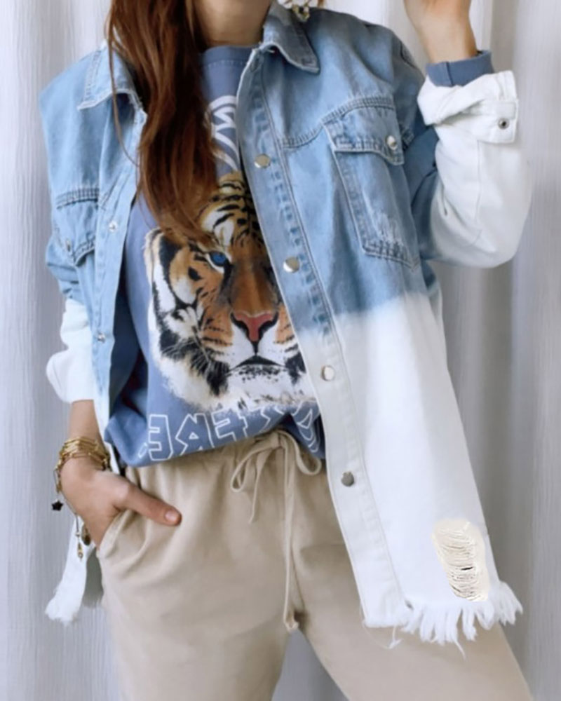 

Colorblock Ripped Cutout Fringe Hem Denim Coat, Blue