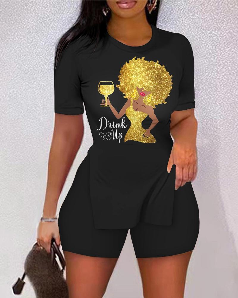 

Figure Wine Glass Print Split Hem Top & Shorts Set, Black