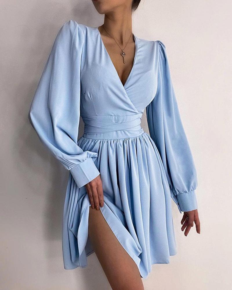 

Puff Lantern Sleeve Surplice Neck Ruched Casual Dress, Sky blue