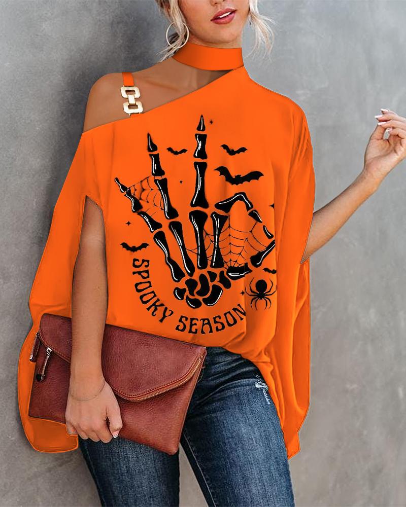

Halloween Graphic Print Cold Shoulder Top, Orange