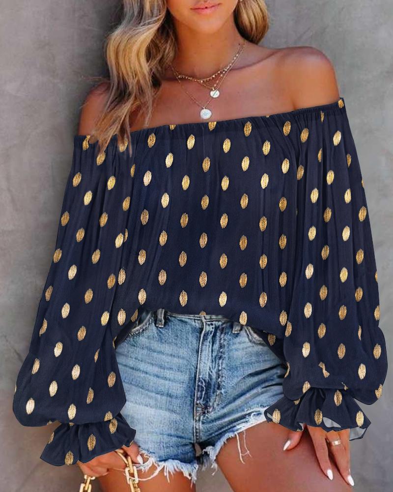 

Bronze Leaf Print Off Shoulder Top, Dark blue