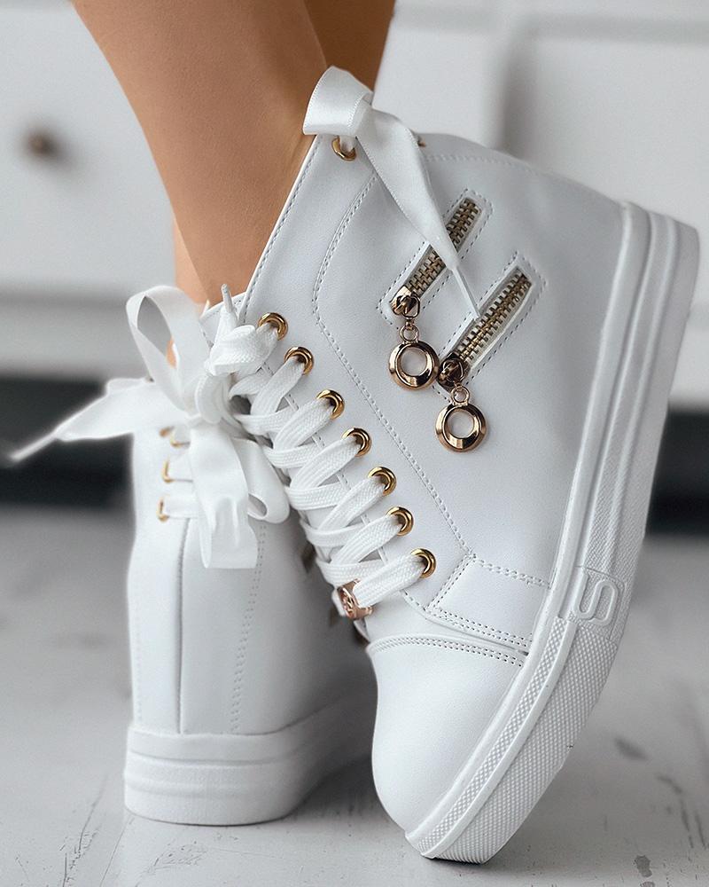 

Zipper Design Lace-up Hidden Wedge Sneakers, White