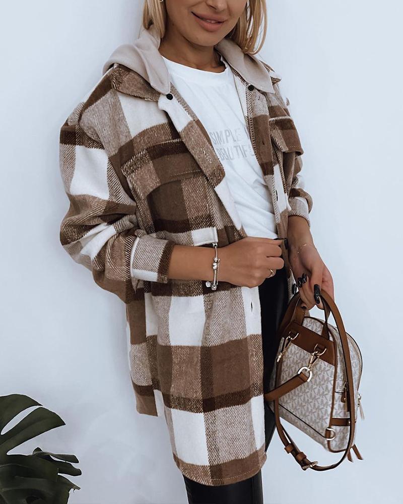 

Hooded Plaid Print Pocket Button Design Coat, Brown
