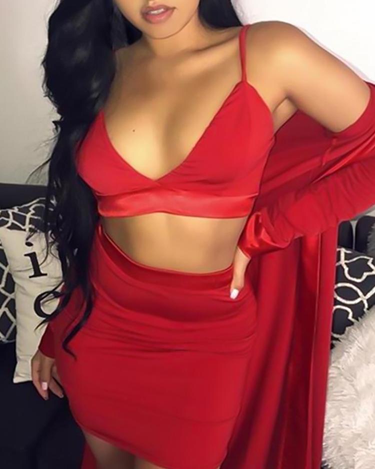 

Spaghetti Strap Cropped Top & Skirt Sets, Red