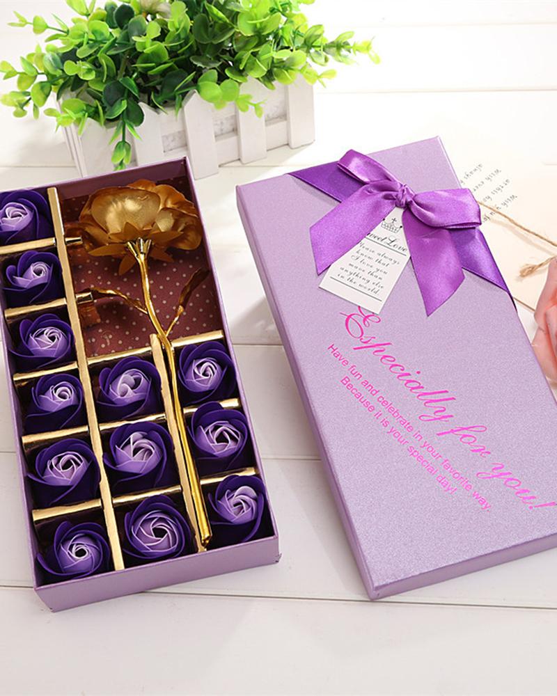 

1 Pack Mother's Day Couple Gift Simulated Rose Soap Golden Foil Flower With Box, Purple