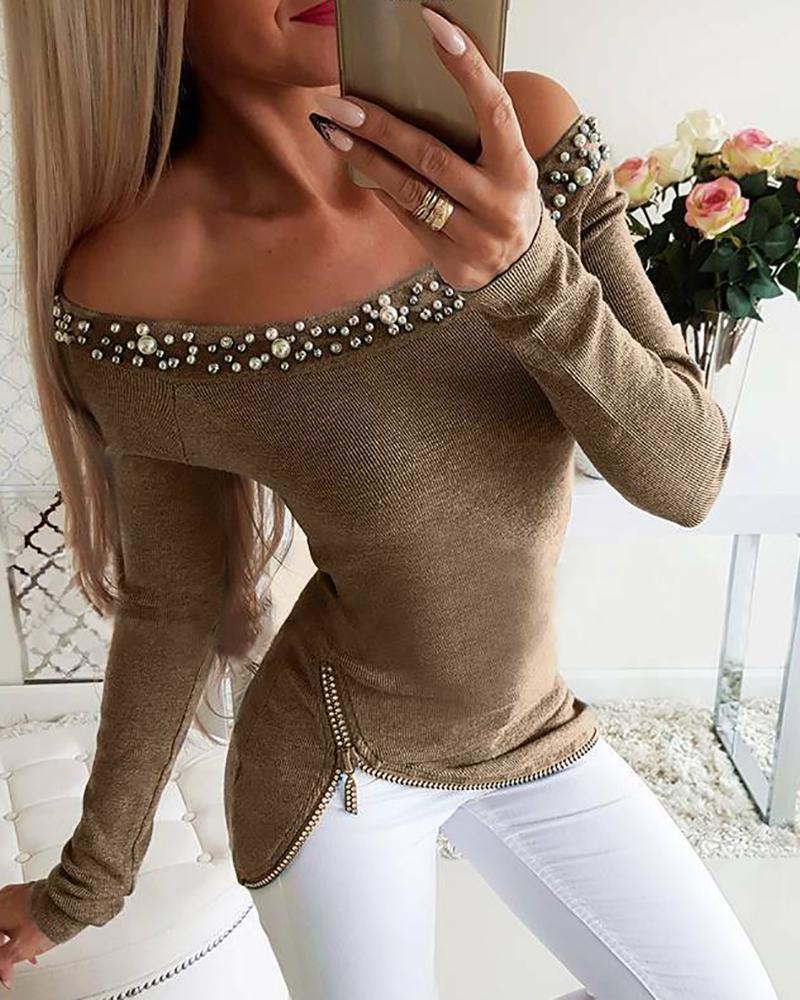 

Off Shoulder Beaded Zipper Design Top, Khaki