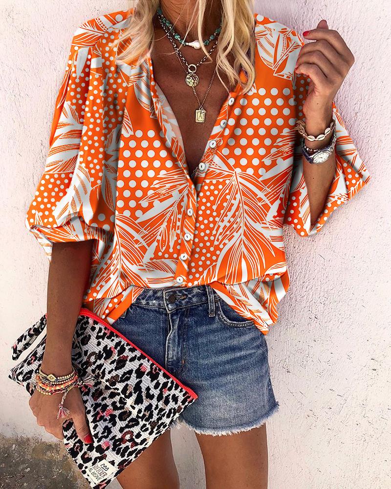 

Lantern Sleeve Tropical Polkadot Print Top, Orange