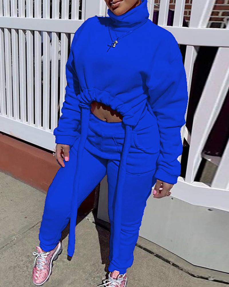 

Plain High Neck Drawstring Top & Pants Set, Blue