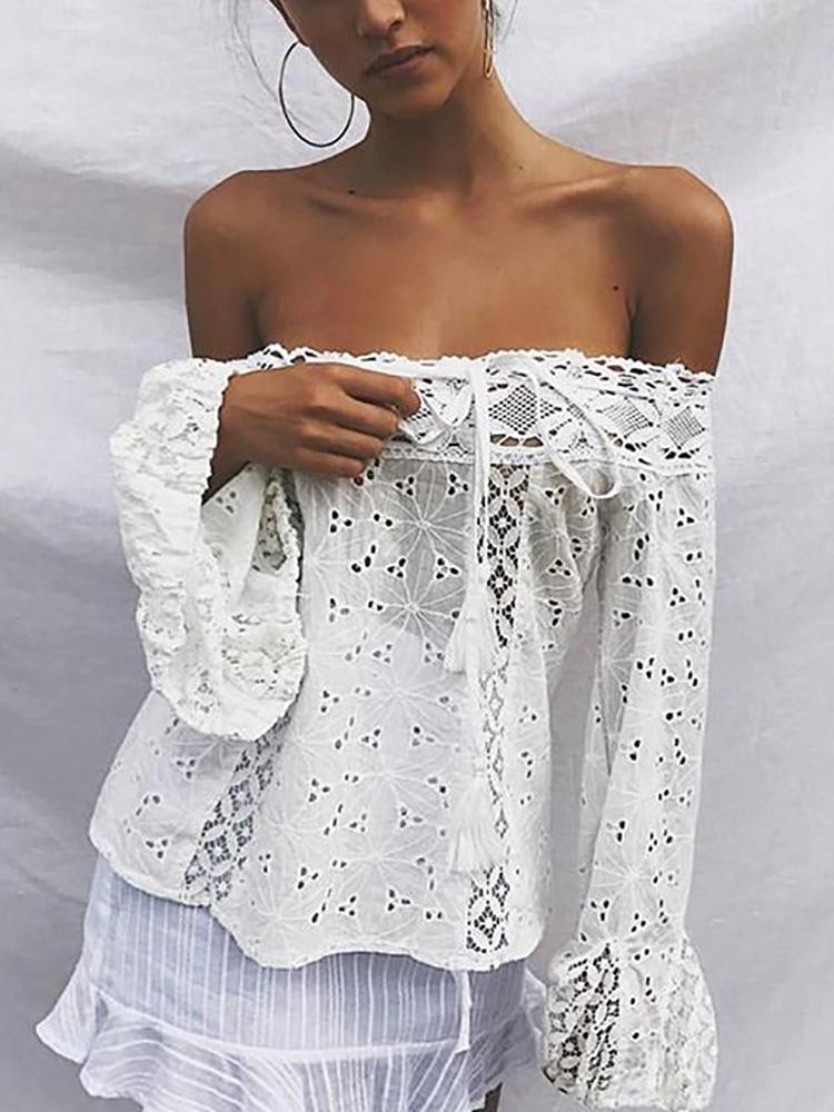 

Stylish Lace Off Shoulder Casual Blouse, White