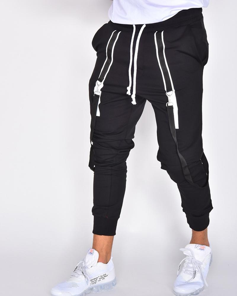 

Solid Color Splicing Straps Jogger Pants, Black