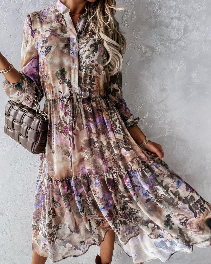 

Vintage Floral Print Button Front Chiffon Dress, Apricot