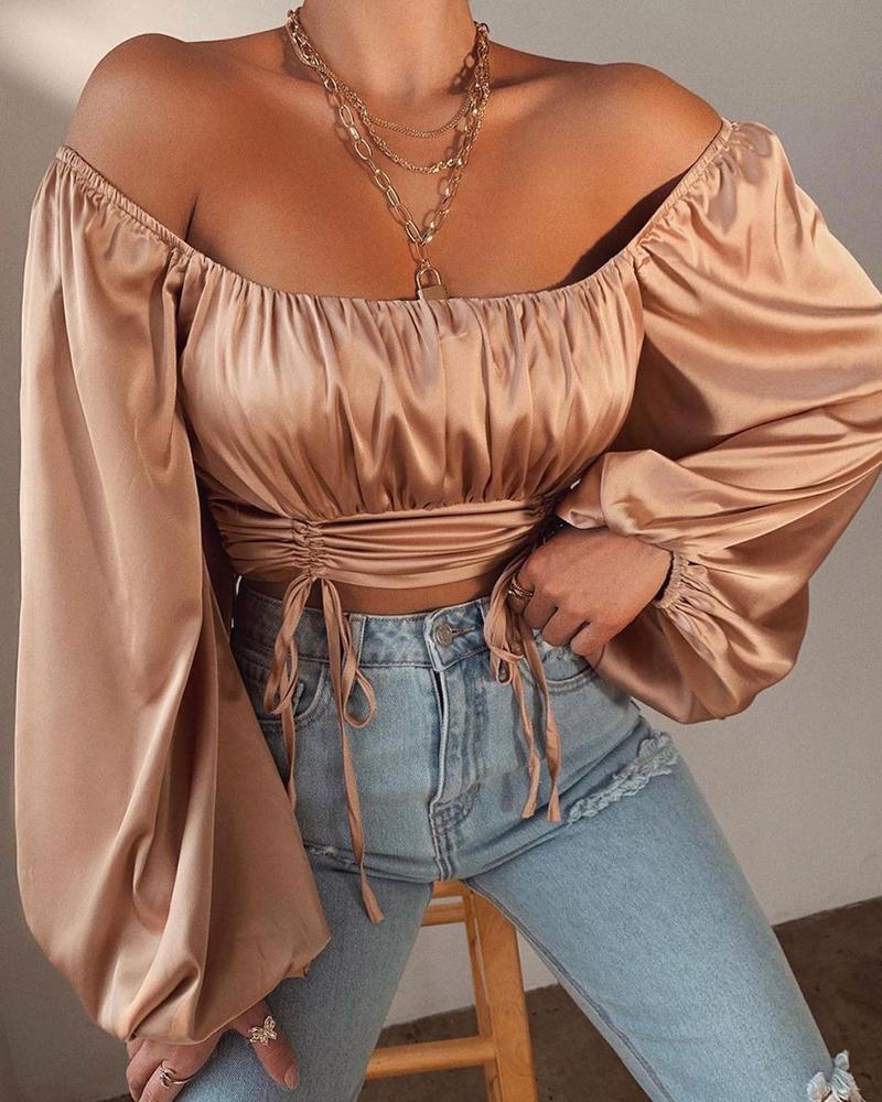 

Satin Lantern Sleeve Drawstring Top, Pink