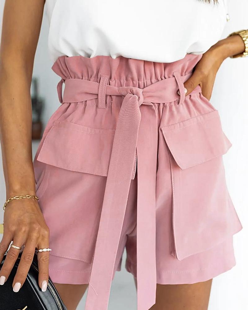 

Frill Hem Pocket Decor High Waist Shorts With Belt, Pink