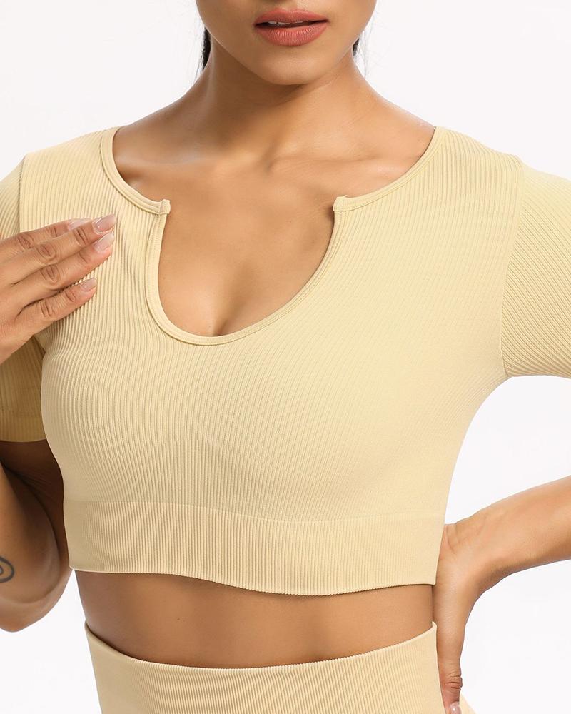 

Ribbed Solid Color Short Sleeve Skinny Sport Cropped Top, Beige