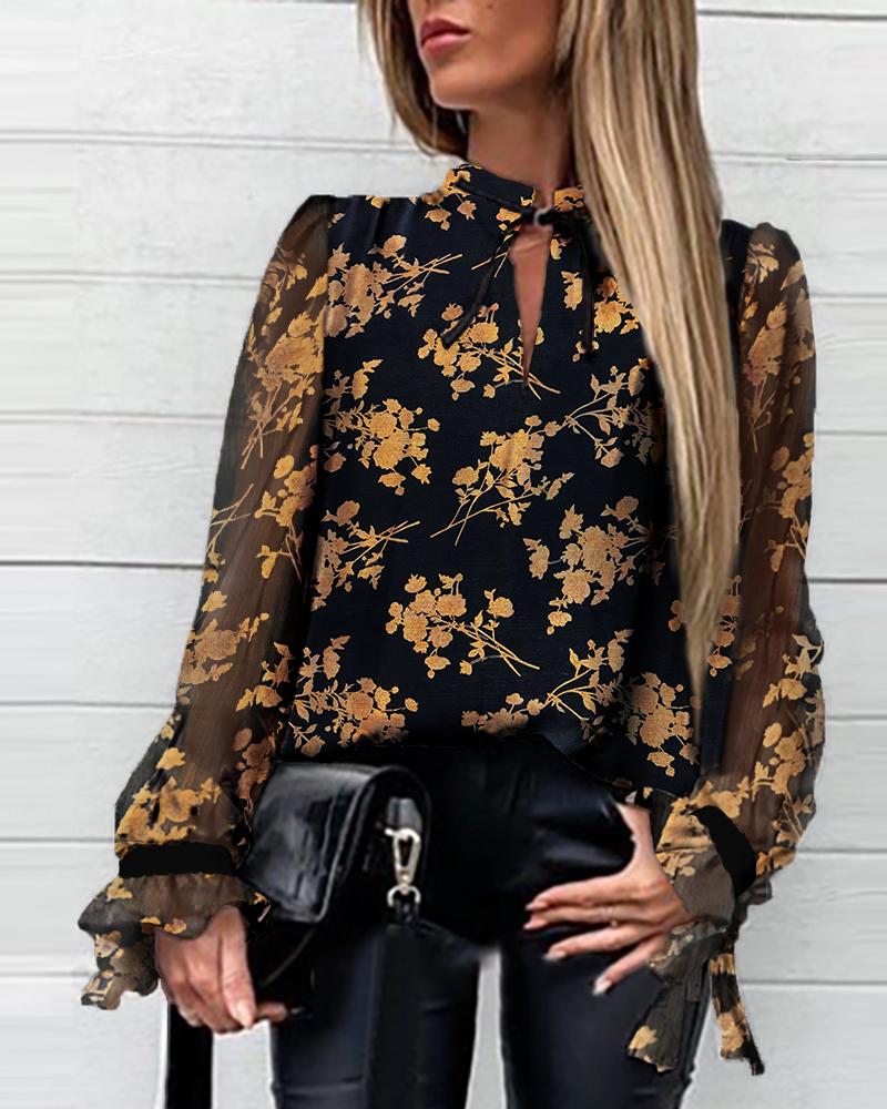 

Floral Tied Neck Casual Blouse, Black