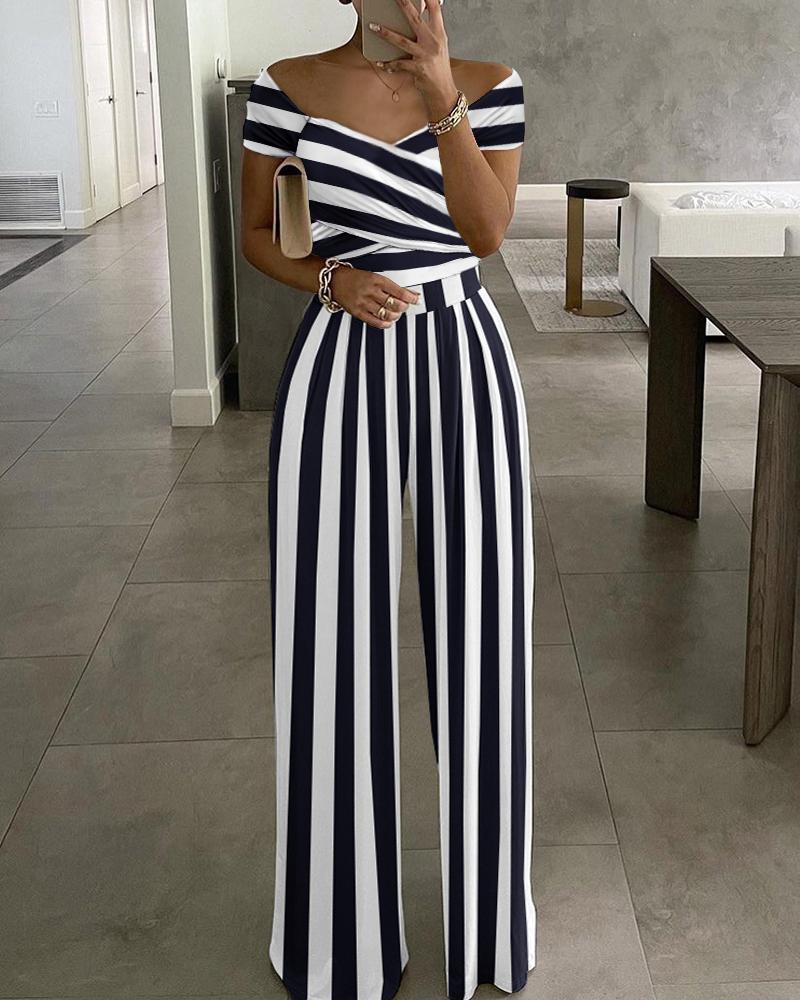 

Striped Print Off Shoulder Wide Leg Jumpsuit, Black&white