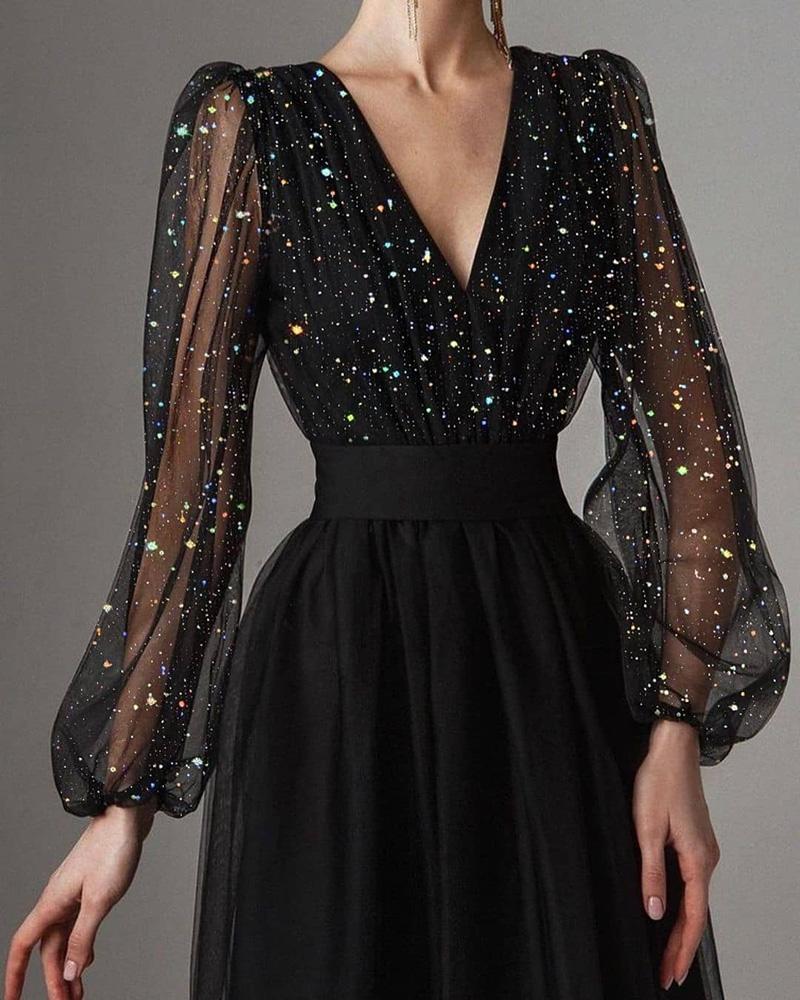 

V Neck Sheer Mesh Puff Lantern Sleeve Glitter Top Chic Long Sleeve Mesh Blouse, Black