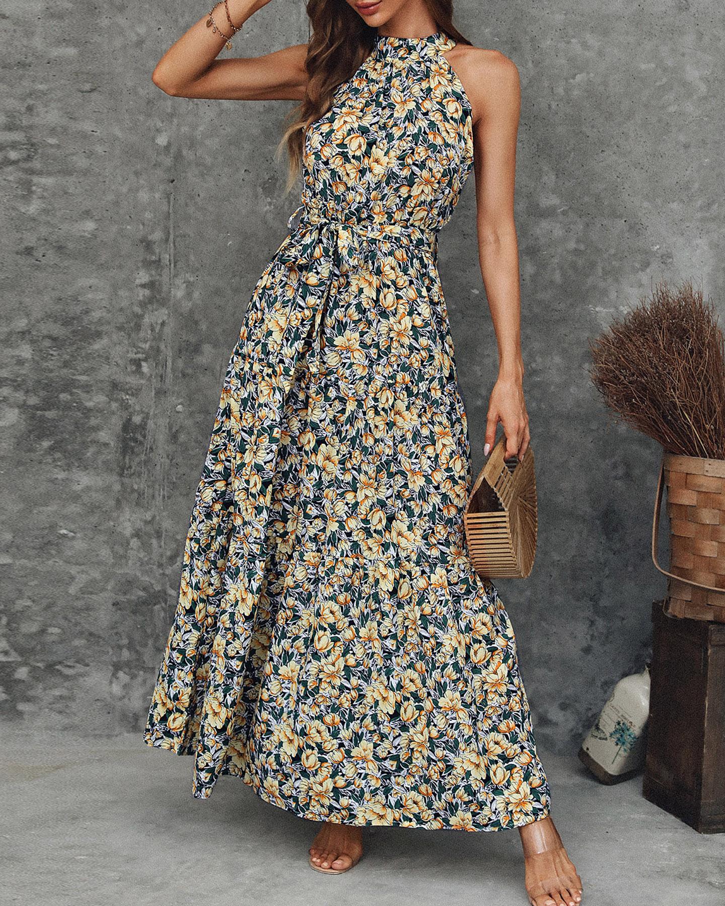 

Floral Print Halter Neck Maxi Dress, Yellow