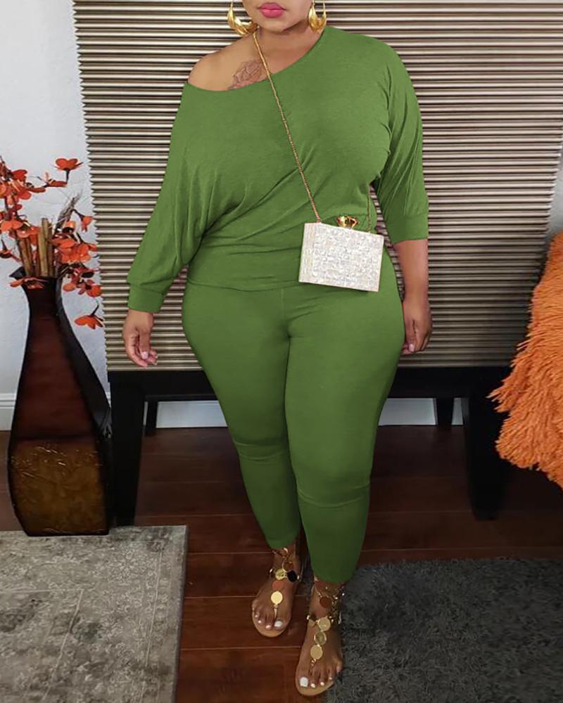 

Plus Size Long Sleeve Casual Top & Pants Set, Green