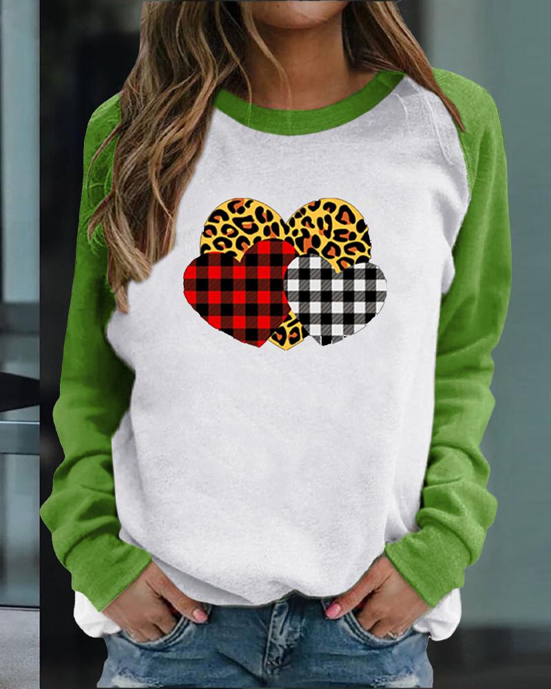 

Valentine' Day Heart Print Raglan Sleeve Sweatshirt, Green