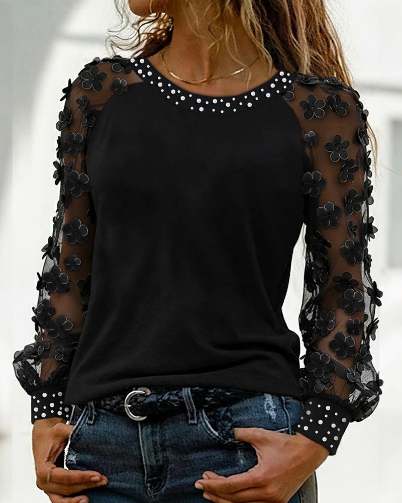 

Camiseta informal de manga larga con apliques florales 3D y perlas decorativas de malla transparente con espalda hueca, Black