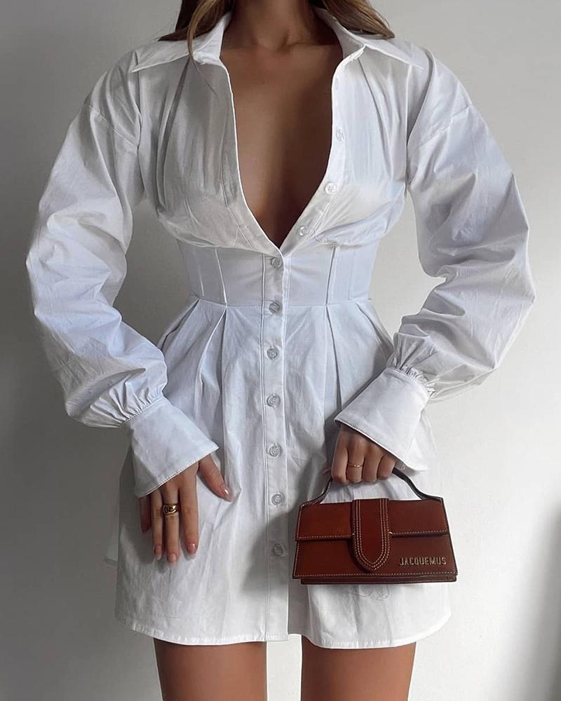 Gathered Waist Long Sleeve Button Up Shirt Dress