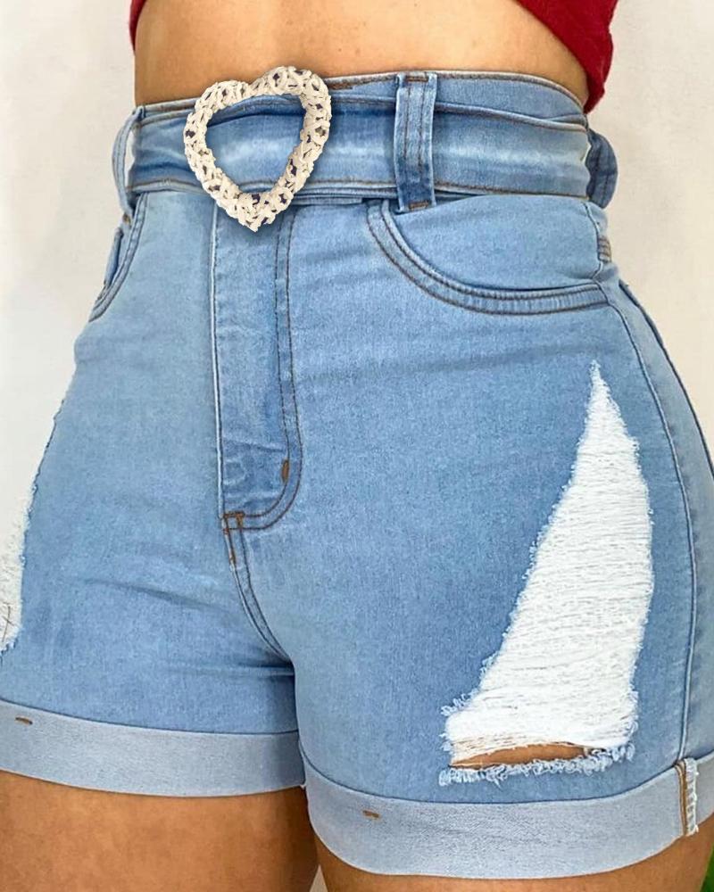 

High Waist Fringe Belted Denim Shorts, Lighted blue