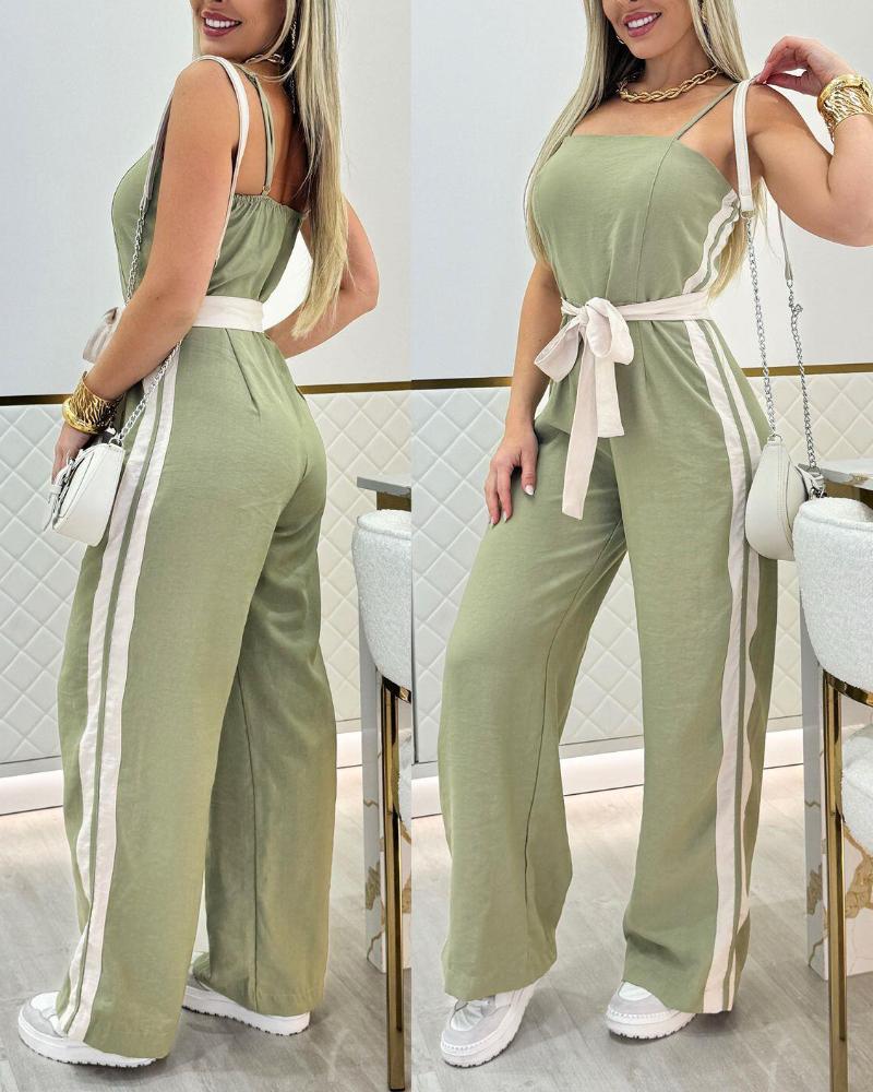 

Striped Sleeveless Tied Detail Jumpsuits Spaghetti Strap Casual Wide Leg Rompers, Green