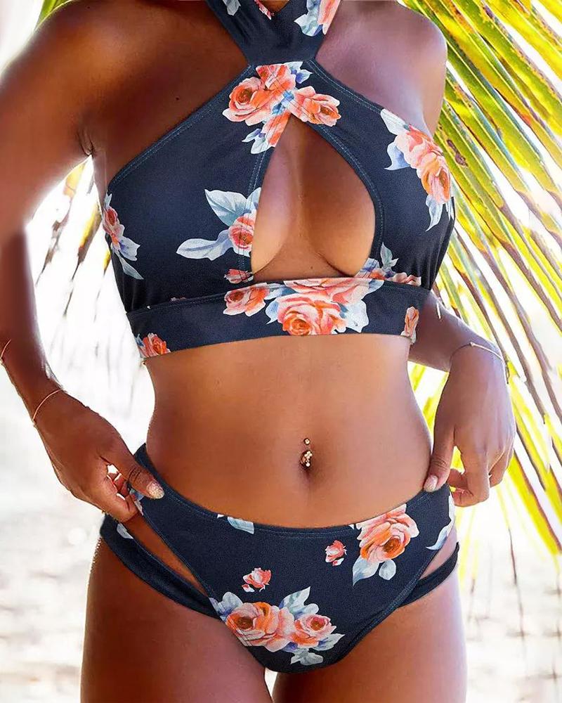 

Floral Print Hollow Out Crisscross Halter Bikini Set, Purplish blue
