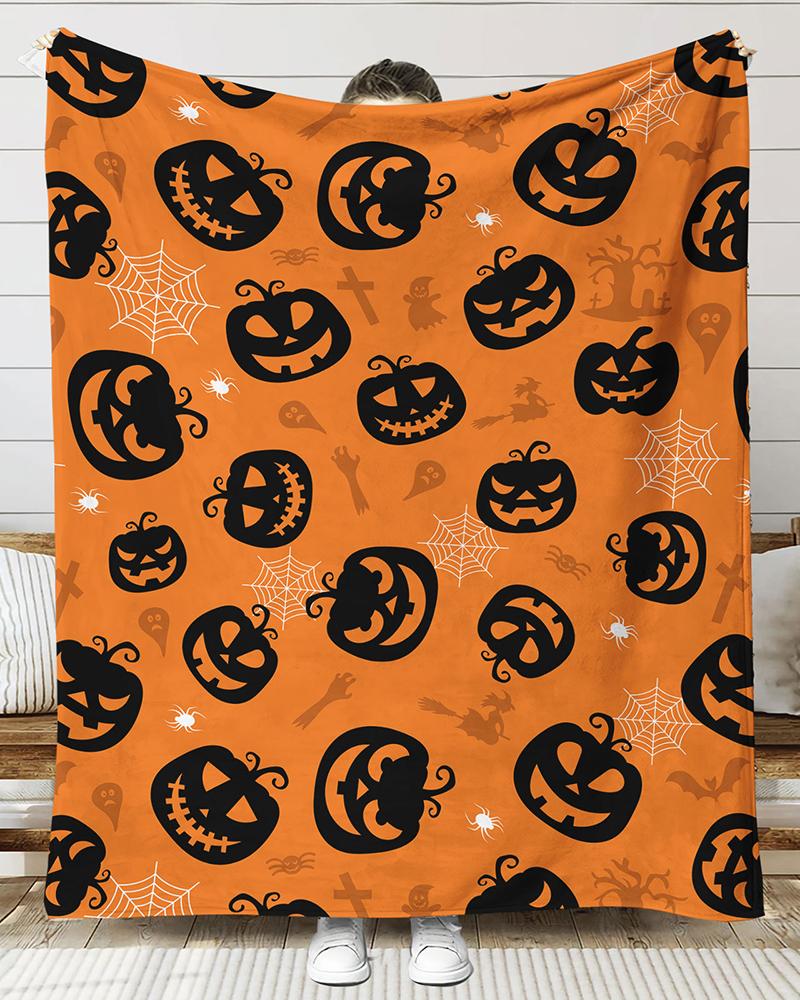 

1pc Halloween Gift Pumpkin Graphic Print Flannel Throw Blanket, Style1