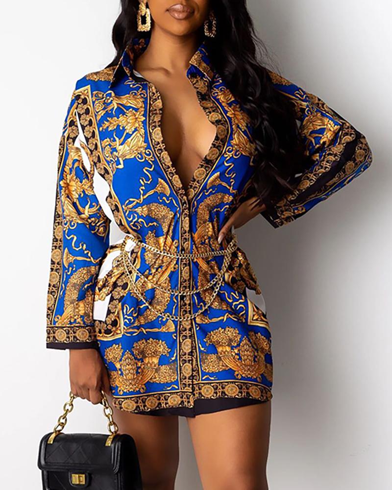 

Turn-down Collar Retro Print Buttoned Shirt Dress, Blue