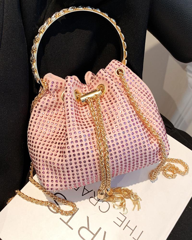 

Rhinestone Chain Drawstring Bucket Fashionable Bag, Pink