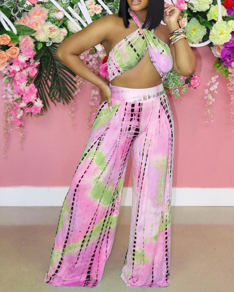 

Tie Dye Print Crop Top & Wide Leg Pants Set, Purple