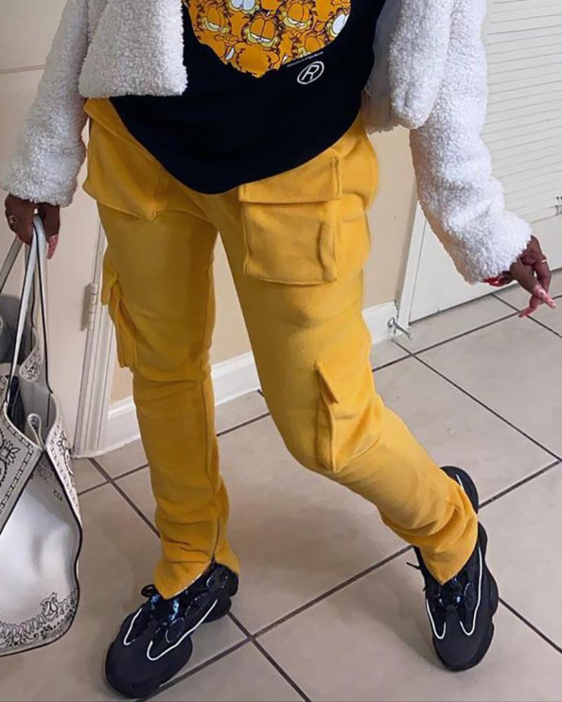 

High Waist Pocket Zipper Design Cargo Pants, Yellow