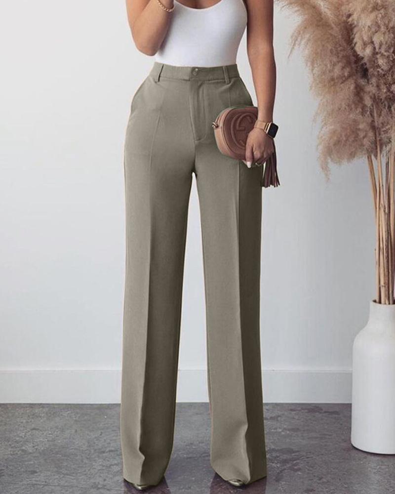 

Solid Ribbed Tanks With Solid Loose Straight Leg Pants Suit Sets, Green