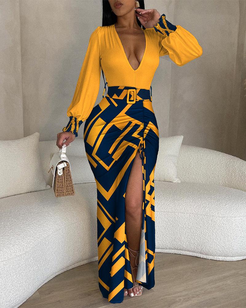 Geometric Print Plunge High Slit Drawstring Maxi Dress