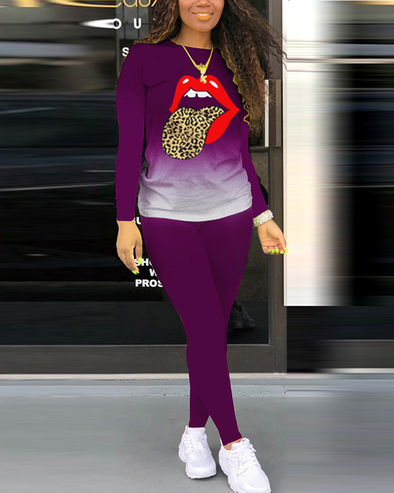 

Ombre Lip Print Long Sleeve Top & Pants Set, Purple