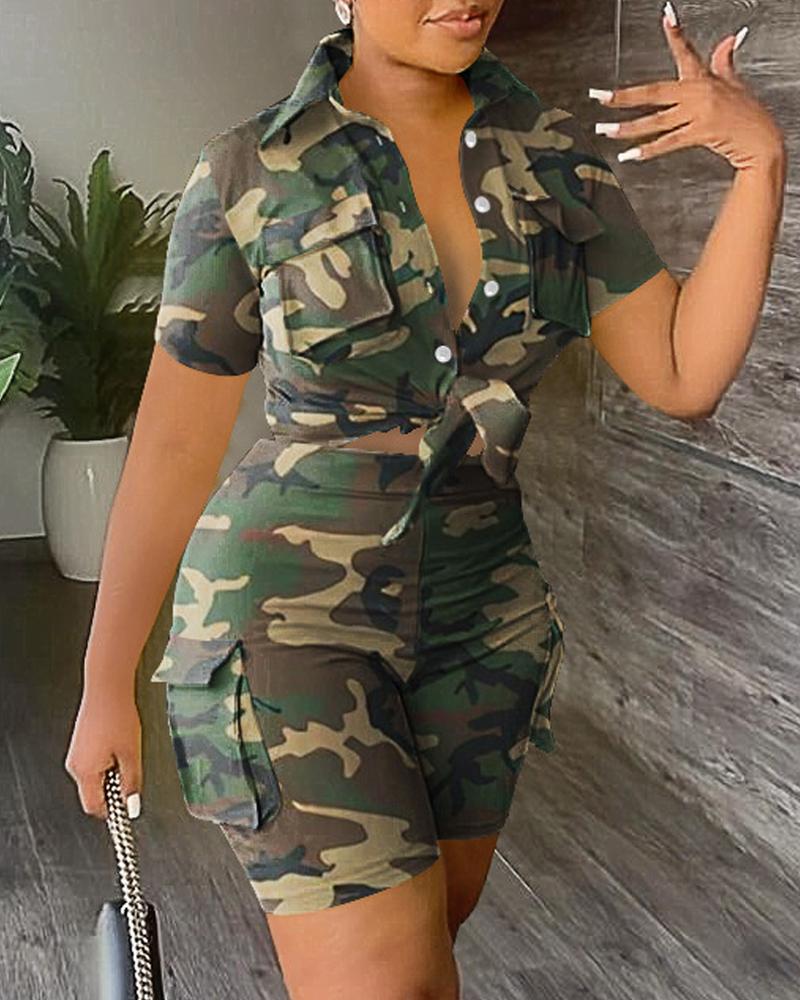 

Camouflage Print Pocket Design Top & Shorts Set, Camoflage