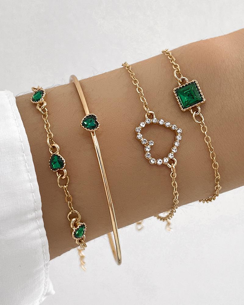 

4pcs Gem Stone Heart Shaped Chain Bracelets Set, Gold
