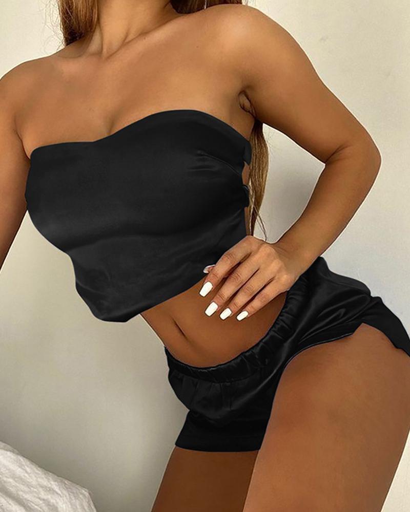 

Solid Cropped Bandeau With Shorts Suit Sets, Black